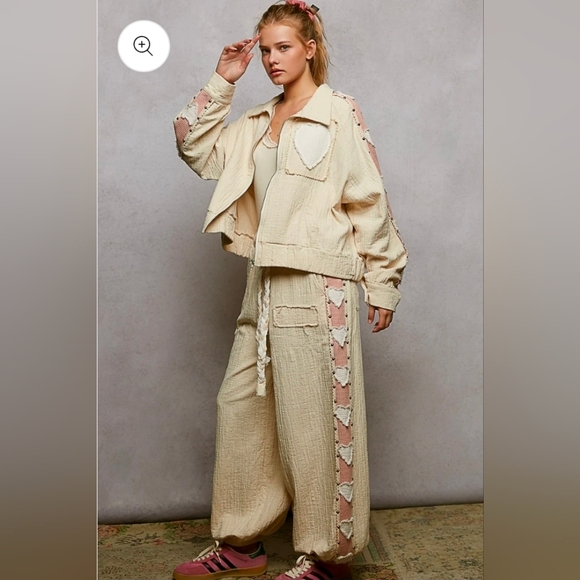 NEW!!! POL Cream and Pink Heart Patchwork Jacket and Pants SetSz Large